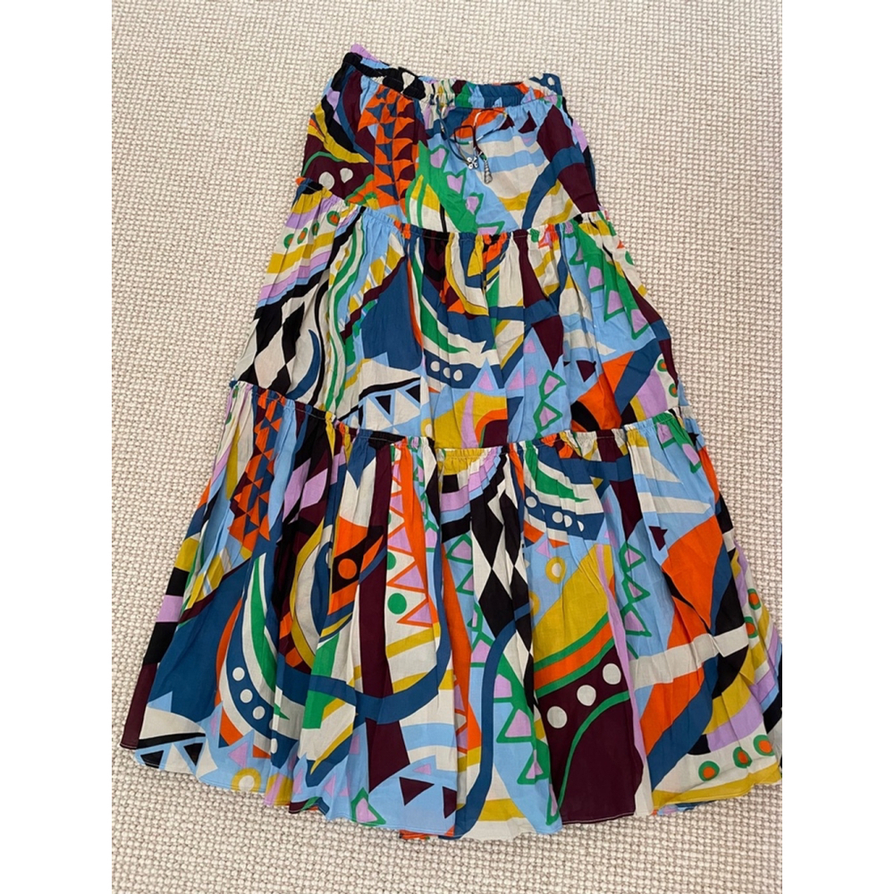 Zara Abstract Artsy Patchwork Block Print Tiered Bubble Pull On Maxi Skirt